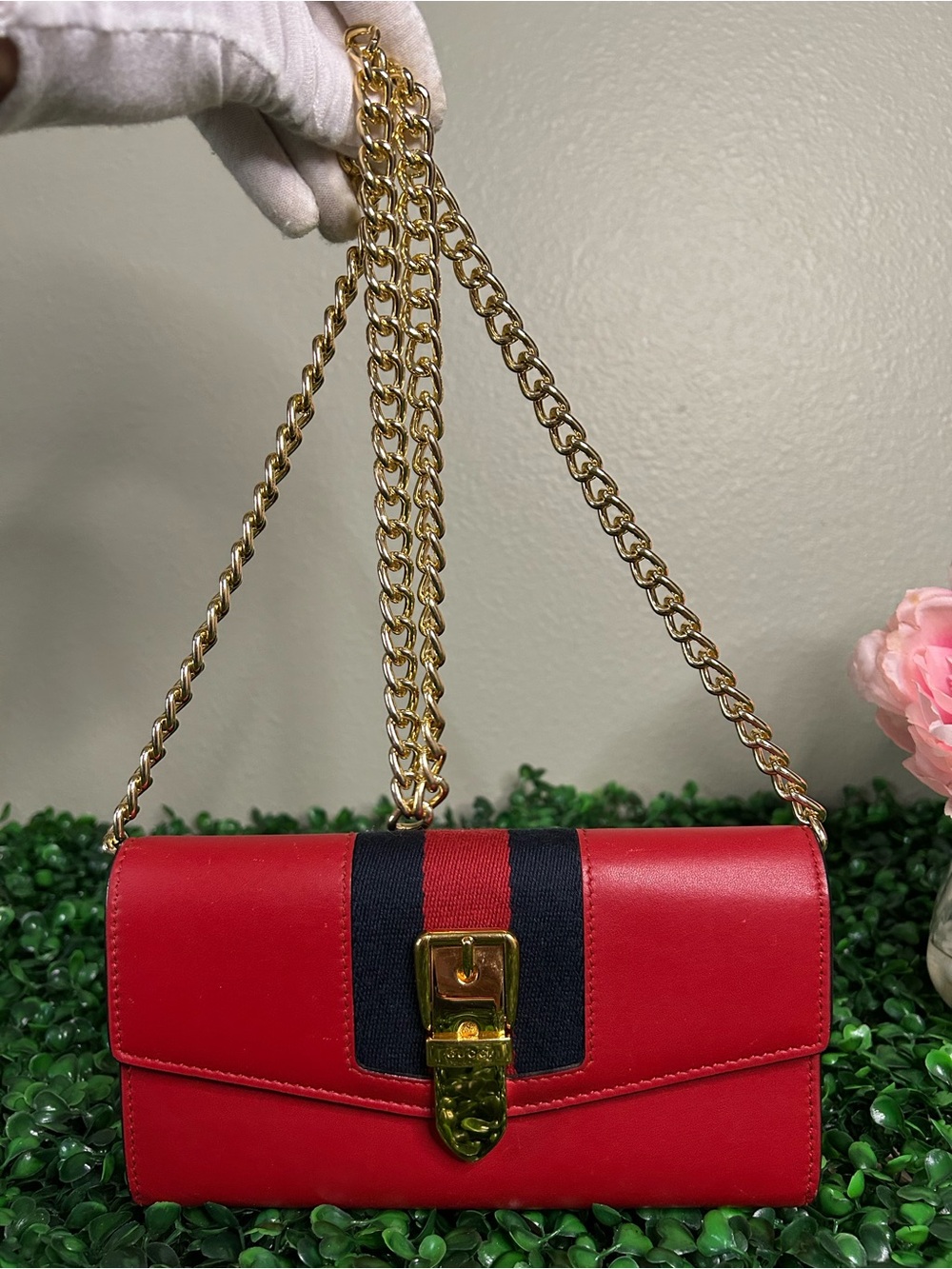 Gucci Sylvie Red Leather Web Continental Wallet WOC Option Gold Lock